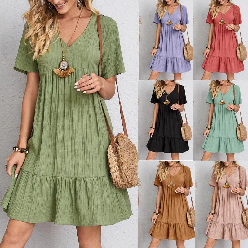 2025 Loose V-neck Short Sleeved Pleated Women Dress Solid Color A-line Beach Dresses Elegant Simple Comfortable Woman Clothing