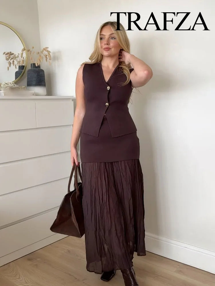 Modern Women's Set - Blouse + Long Skirt with High Waist Zipper