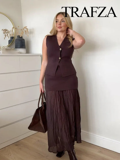 Modern Women's Set - Blouse + Long Skirt with High Waist Zipper