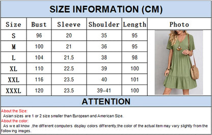2025 Loose V-neck Short Sleeved Pleated Women Dress Solid Color A-line Beach Dresses Elegant Simple Comfortable Woman Clothing