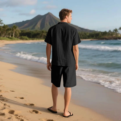 New summer men's retro cotton and linen shirt set, fashionable lapel button beach short-sleeved shirt and shorts two-piece set